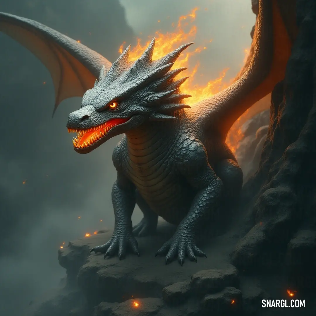 A Scorching Drake with glowing eyes and a fiery breath stands proudly on a rock formation, exuding power and ferocity against a fiery backdrop. A Scorching Drake with a glowing head and fiery eyes stands on a jagged rock formation, its mouth open and fire spilling out, creating a dramatic and intense scene in a fiery landscape.