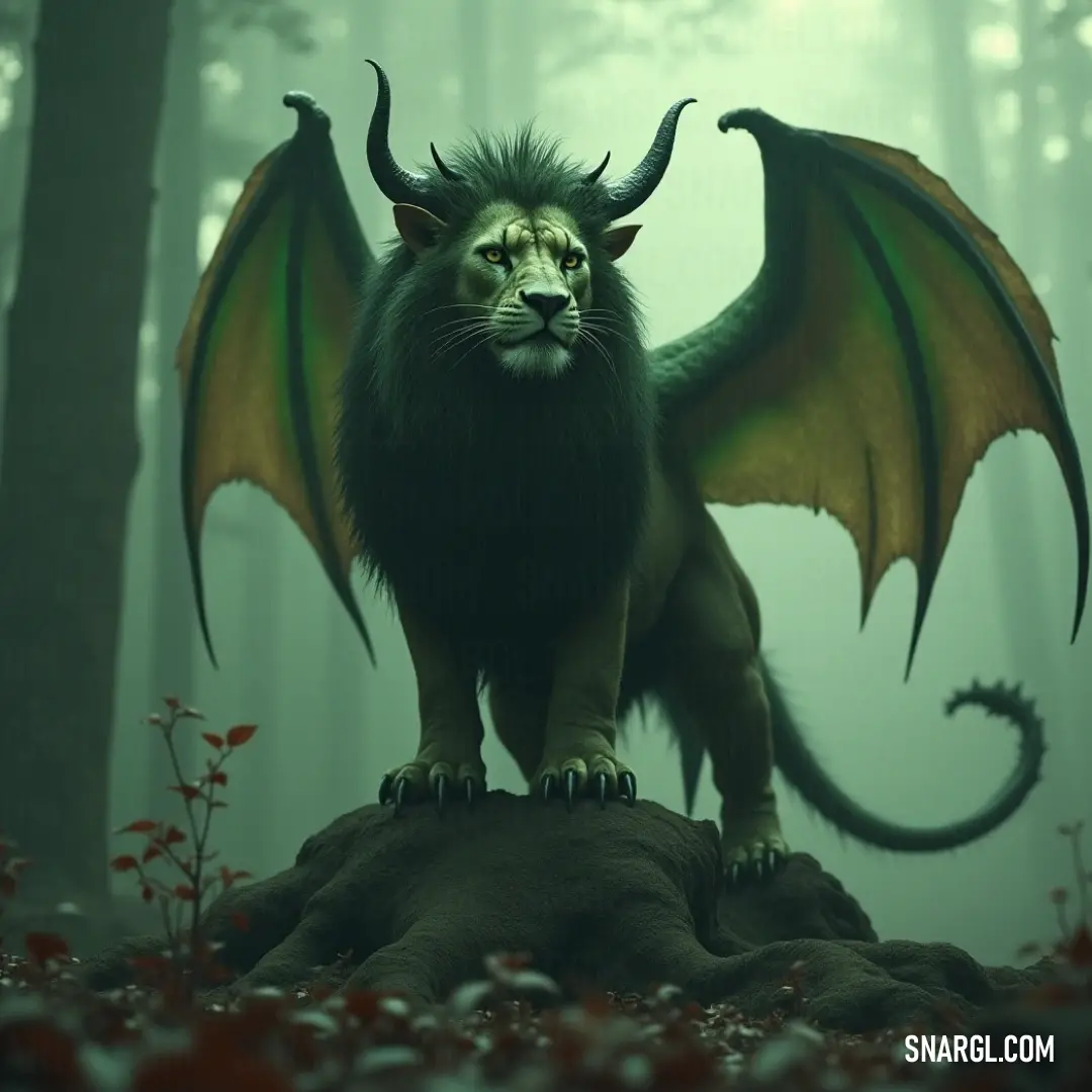 A large black Scorpida stands triumphantly atop a rock in a vibrant forest. Red flowers bloom around its feet, while the trees in the background add to the serene, yet powerful, atmosphere of the scene.