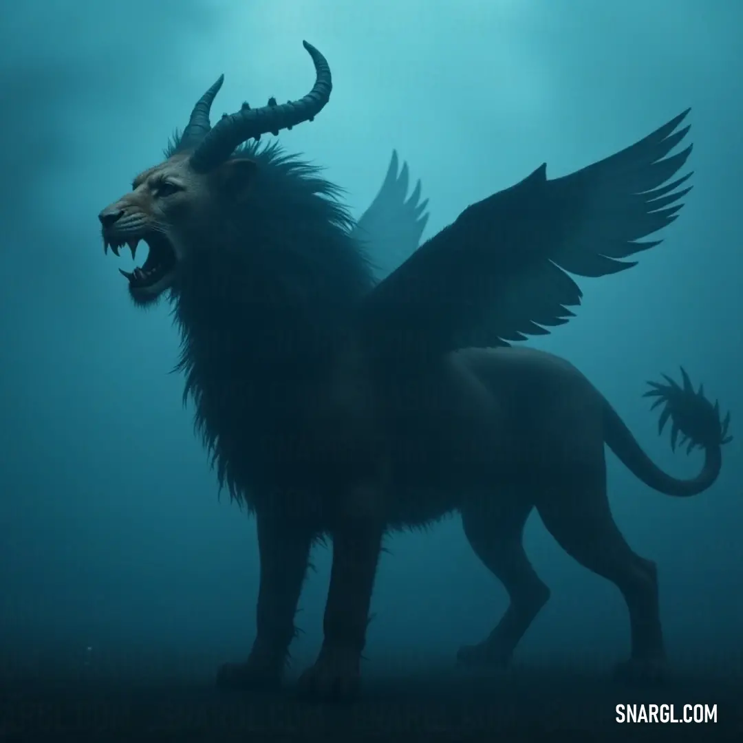 A fearsome black Scorpida stands in dark, murky water, its wings spread wide and mouth open, ready to unleash its might. The dark atmosphere amplifies the creature's ominous presence. A large black Scorpida, with grand horns and powerful wings, stands in dark water. Its mouth is open, and the creature looks ready to unleash its strength, surrounded by the eerie, shadowy waters.