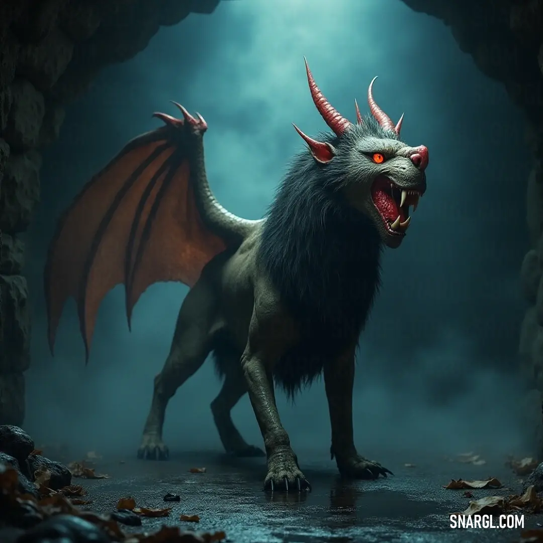 A fearsome Demonic Scorpiontail Manticore with intense red eyes and striking horns stands ominously in a foreboding cave, its presence accentuated by the darkness and rough stone surroundings. In the shadows of a dimly lit cave, a sinister Demonic Scorpiontail Manticore with piercing red eyes and ornate horns looms, surrounded by jagged rocks, its formidable silhouette casting an aura of foreboding.