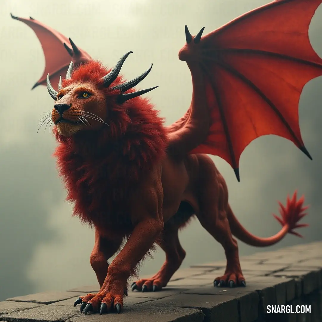 Sitting regally atop a weathered brick wall, a Red Scorpiontail Manticore statue with imposing horns gazes into the distance, inviting admiration for its intricate craftsmanship and storied presence.