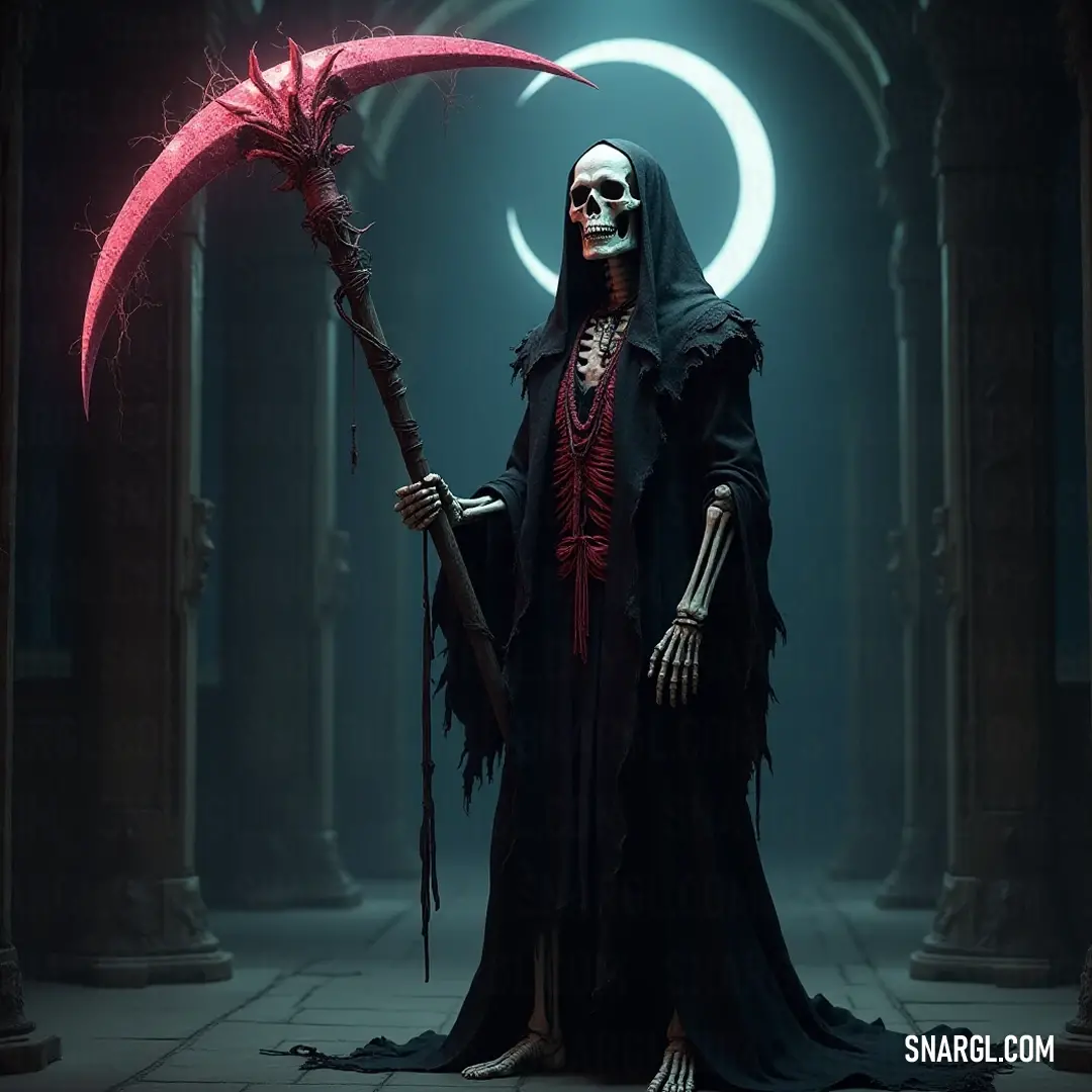 A menacing figure, the Scourge of the Undead, clad in a flowing black robe, wields a striking red sceptacle amidst a dark, eerie room filled with towering columns and ominous arches, exuding an air of ancient power and mystery.