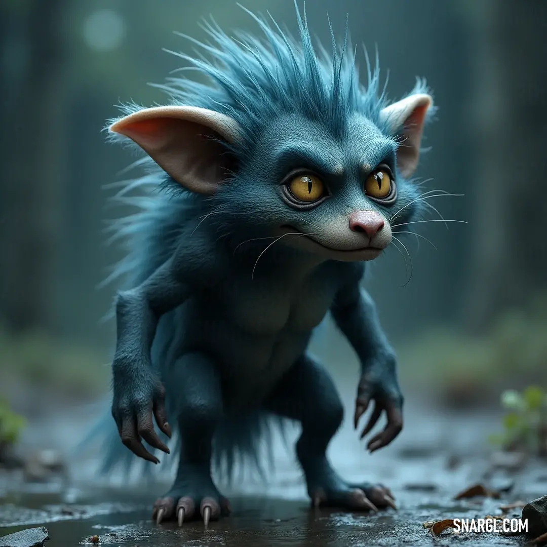A vibrant blue furry Scrat with bright yellow eyes and a playful demeanor, standing boldly in a picturesque forest filled with leaves and rocks. A playful blue furry Scrat with striking yellow eyes stands confidently among the forest leaves and rocks. Its long tail sways with excitement, embodying a sense of adventure and curiosity as it interacts with the vibrant surroundings.