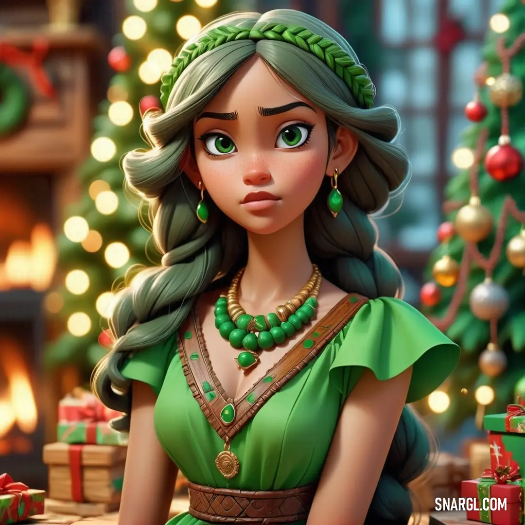 Cartoon girl in a green dress in front of a christmas tree with presents on it and a fireplace. Color #76FF7A.