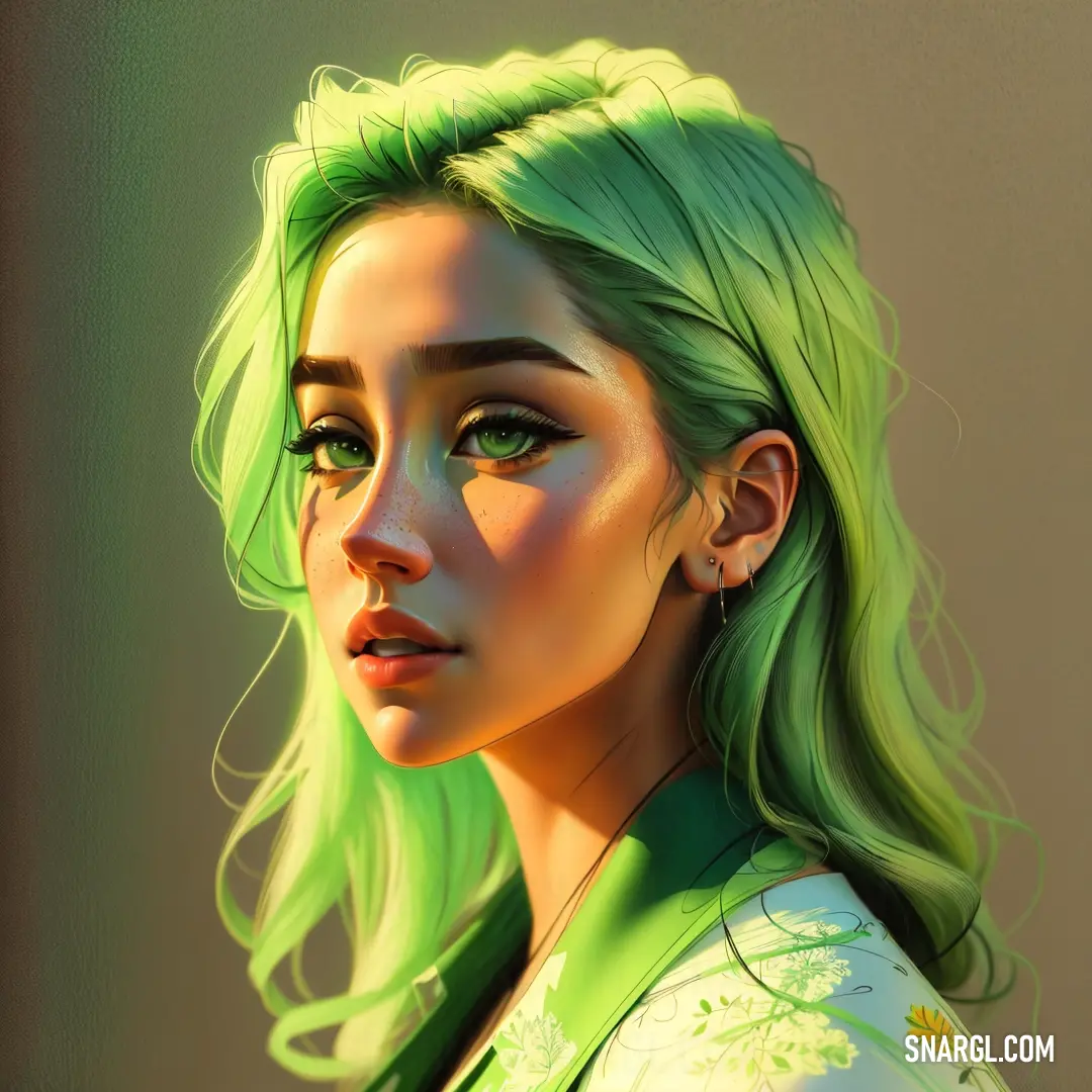 Digital painting of a woman with green hair and green eyes and a green shirt on her shoulders