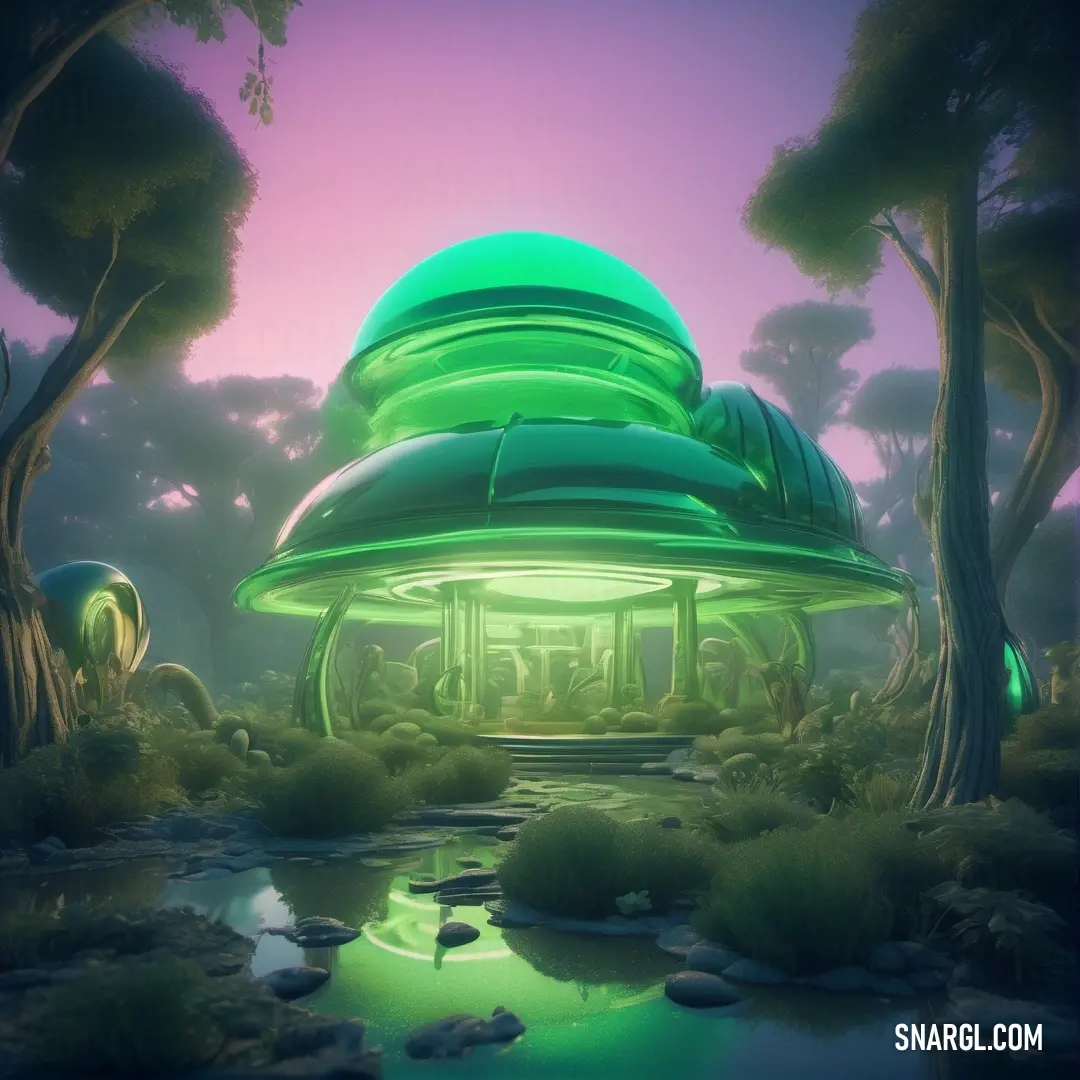 Futuristic green building surrounded by trees and water in a forest at night time with a pond in front of it. Color CMYK 54,0,52,0.
