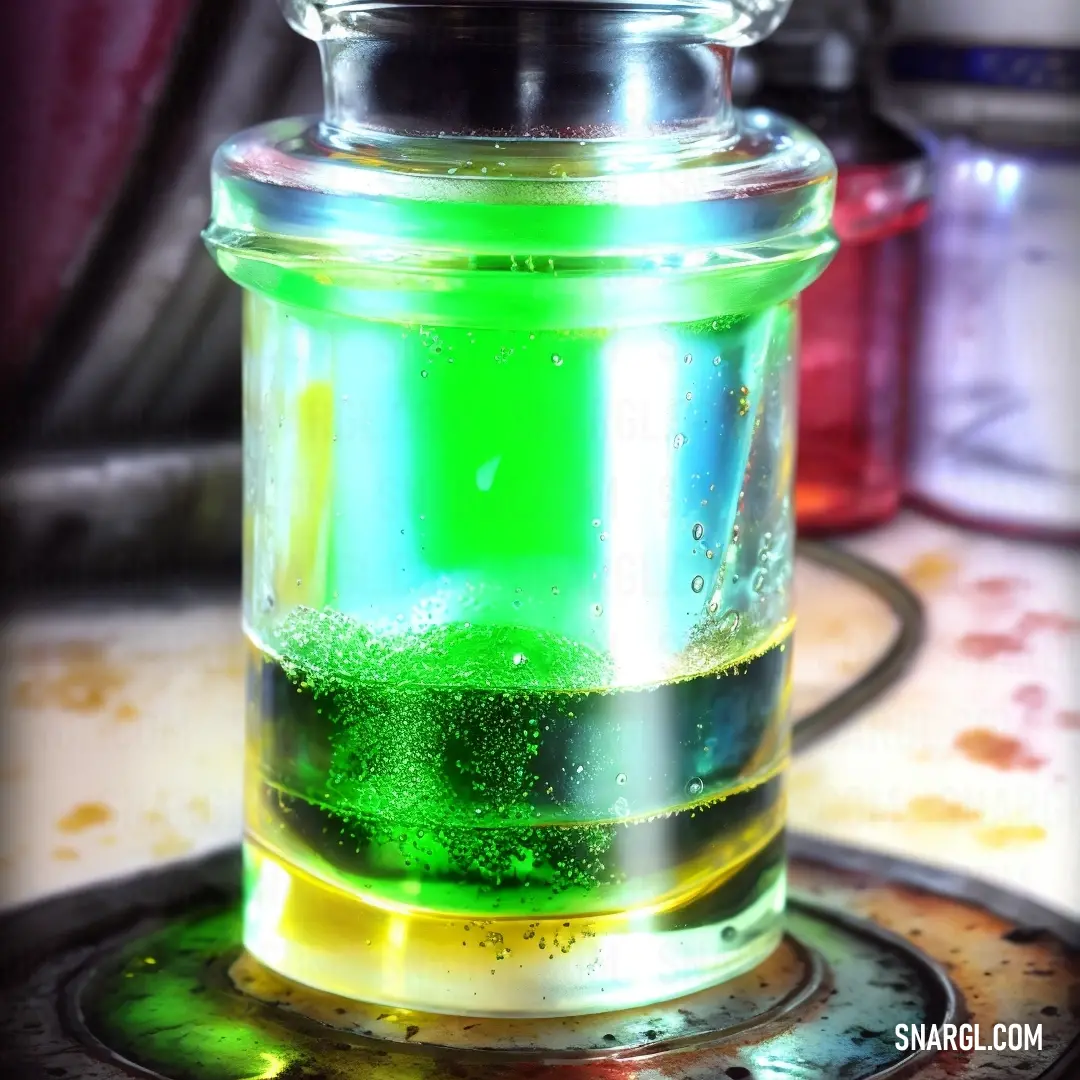 Glass jar filled with liquid on top of a stove top burner with a green liquid in it
