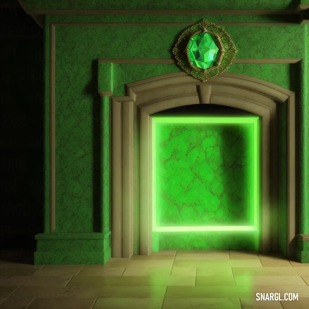 Green room with a doorway and a clock on the wall and a green light coming from the doorway