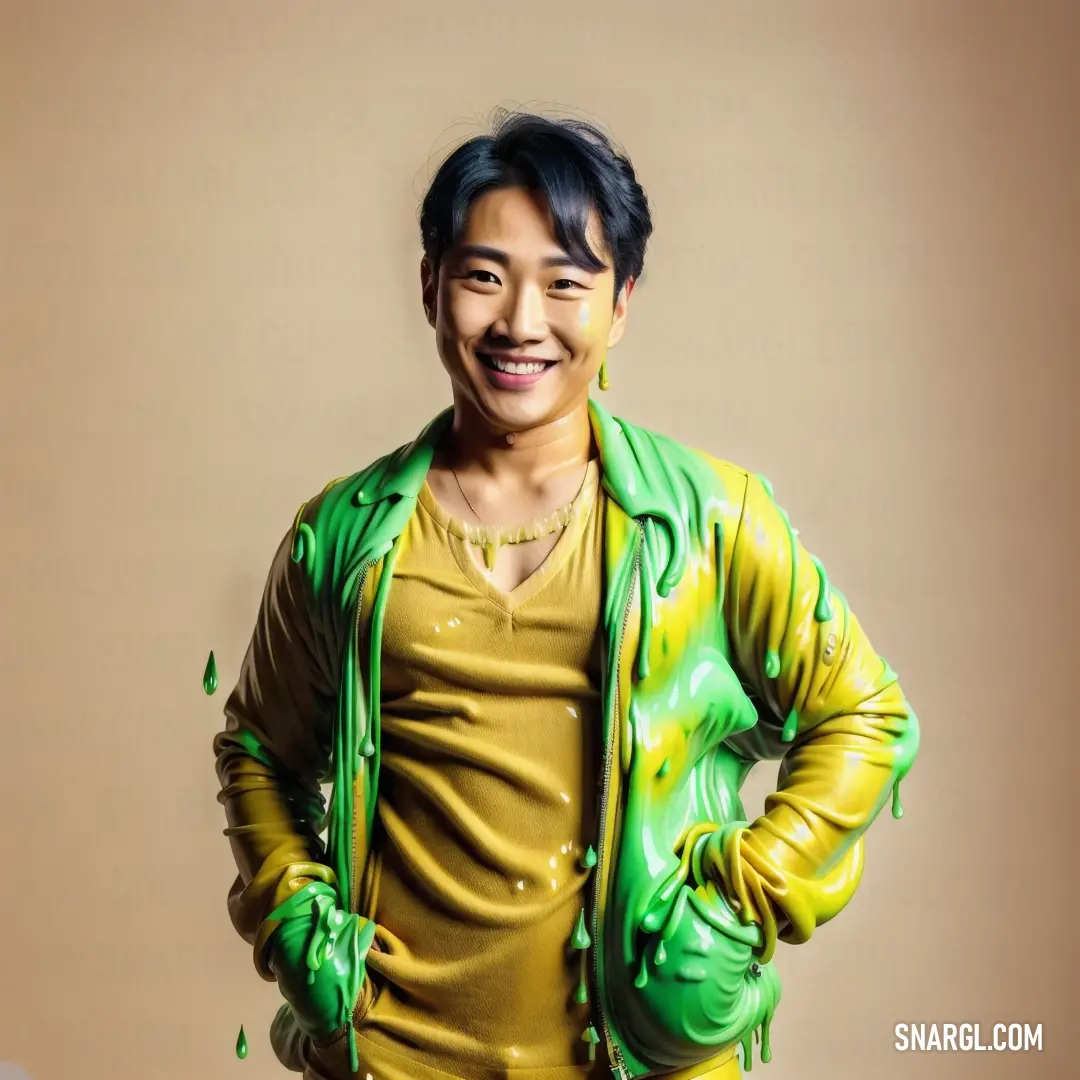 Man with a green jacket and yellow shirt is posing for a picture with his hands on his hips
