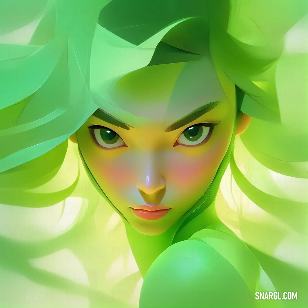 Digital painting of a woman with green hair and green eyes and a green dress with leaves on her head. Color #76FF7A.