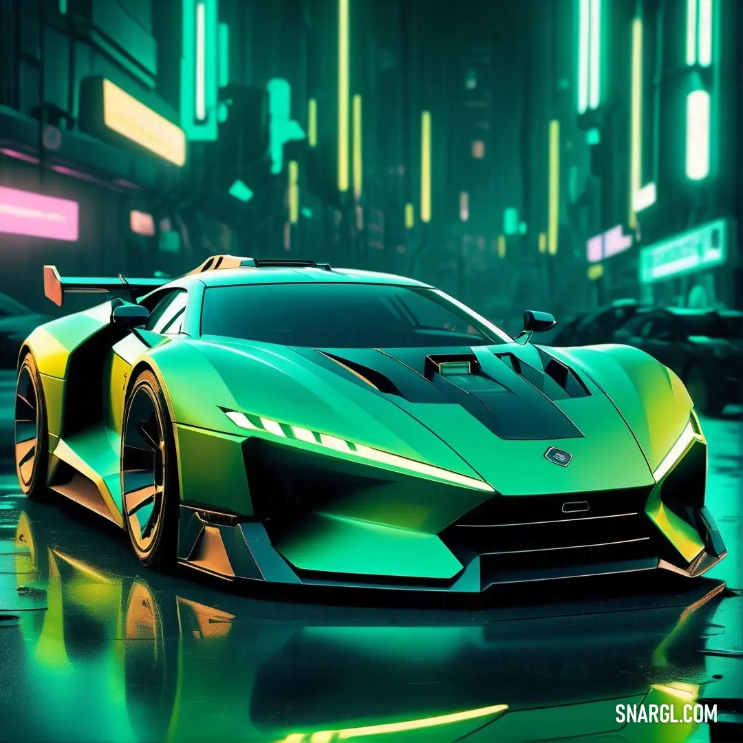 Screamin Green color example: Green sports car is parked in a city street at night time with neon lights on the buildings