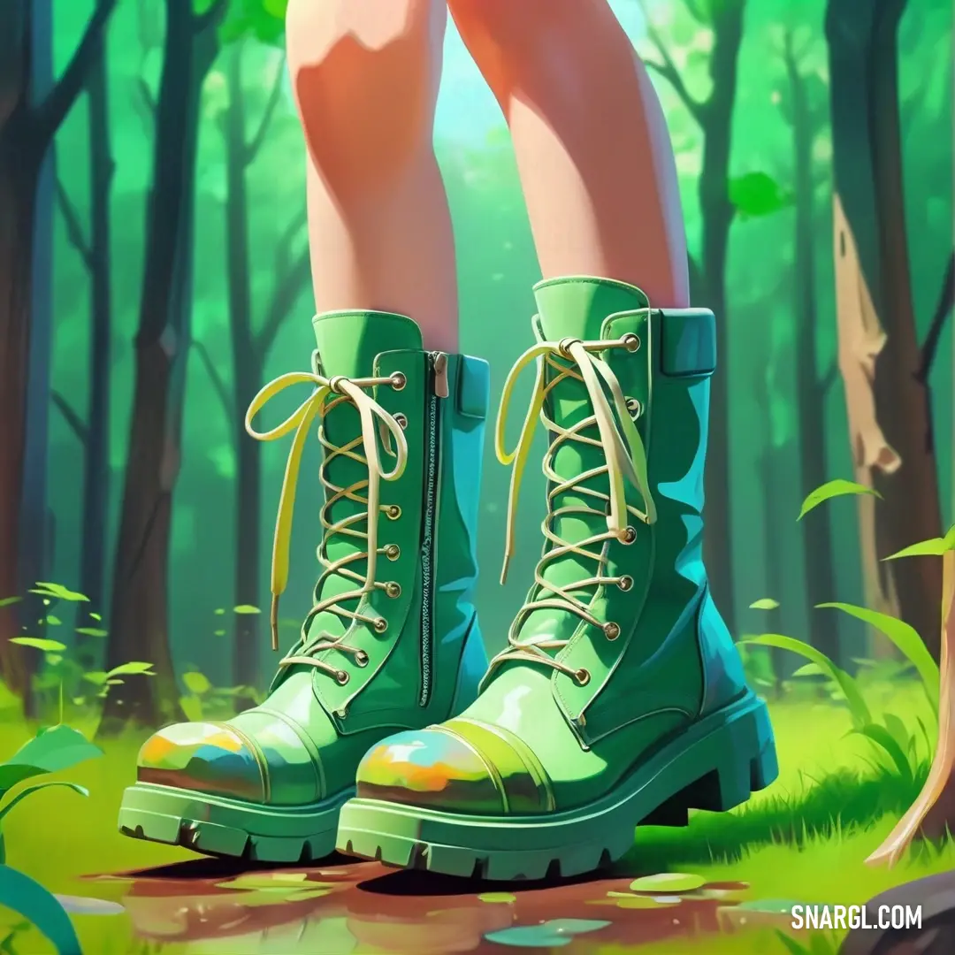 Painting of a person wearing green boots in a forest with trees and grass in the background. Color CMYK 54,0,52,0.
