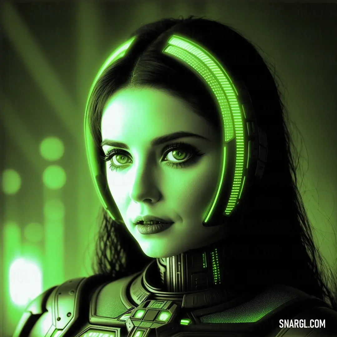 Woman in a futuristic suit with a green light on her head and a sci - fi. Color Screamin Green.