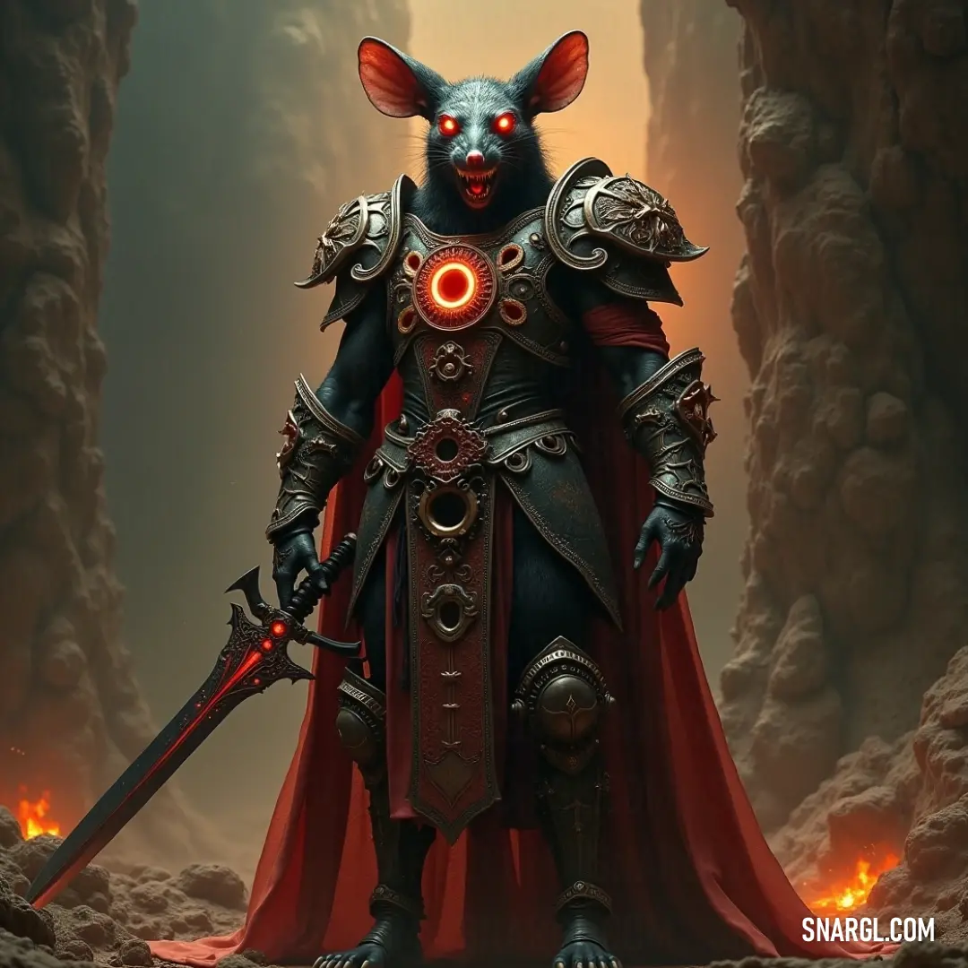 A fierce knight, the Screaming Bell Chief, clad in shining armor and holding a sword, stands in a dark cave surrounded by swirling lava. The heat and danger of the surroundings match the intensity of his expression.