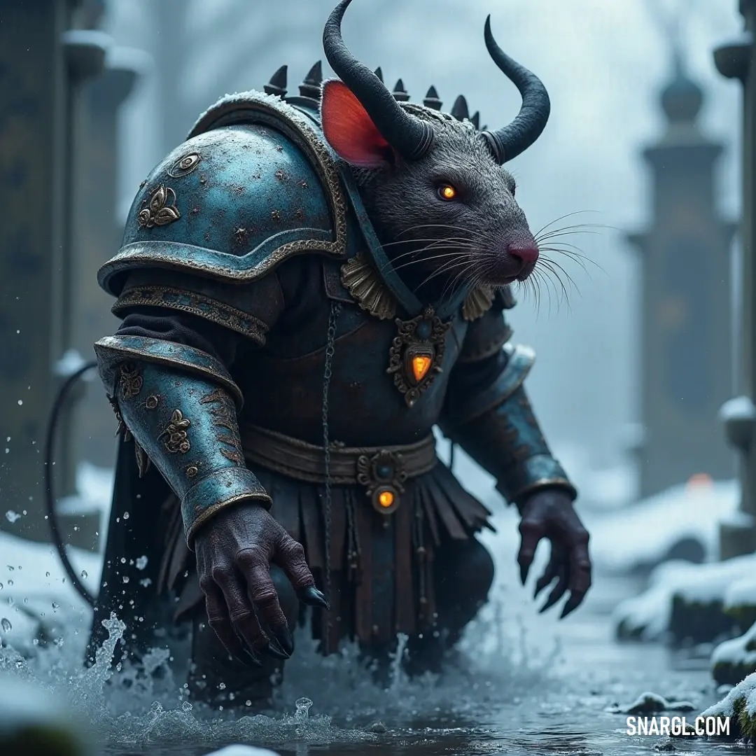 Armored Screaming Bell Chief with glowing eyes and horns, standing in a snowy landscape under a heavy sky. The Screaming Bell Chief, in full armor, stands amid the snow with glowing eyes and dark horns emerging from his helmet. His form contrasts sharply with the icy landscape, creating a sense of foreboding power.