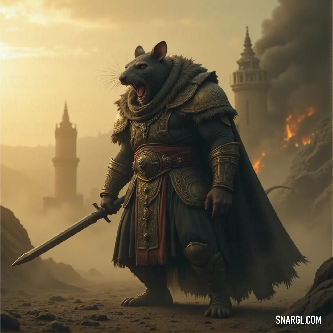The Screaming Bell Leader, in medieval attire, holds a sword in its mouth in front of an imposing castle, setting the stage for a story filled with dark forces and ancient power. A Screaming Bell Leader in a medieval costume stands before a towering castle, holding a sword in its mouth. The imposing fortress and dramatic pose create a haunting scene, evoking a sense of mystery and power.