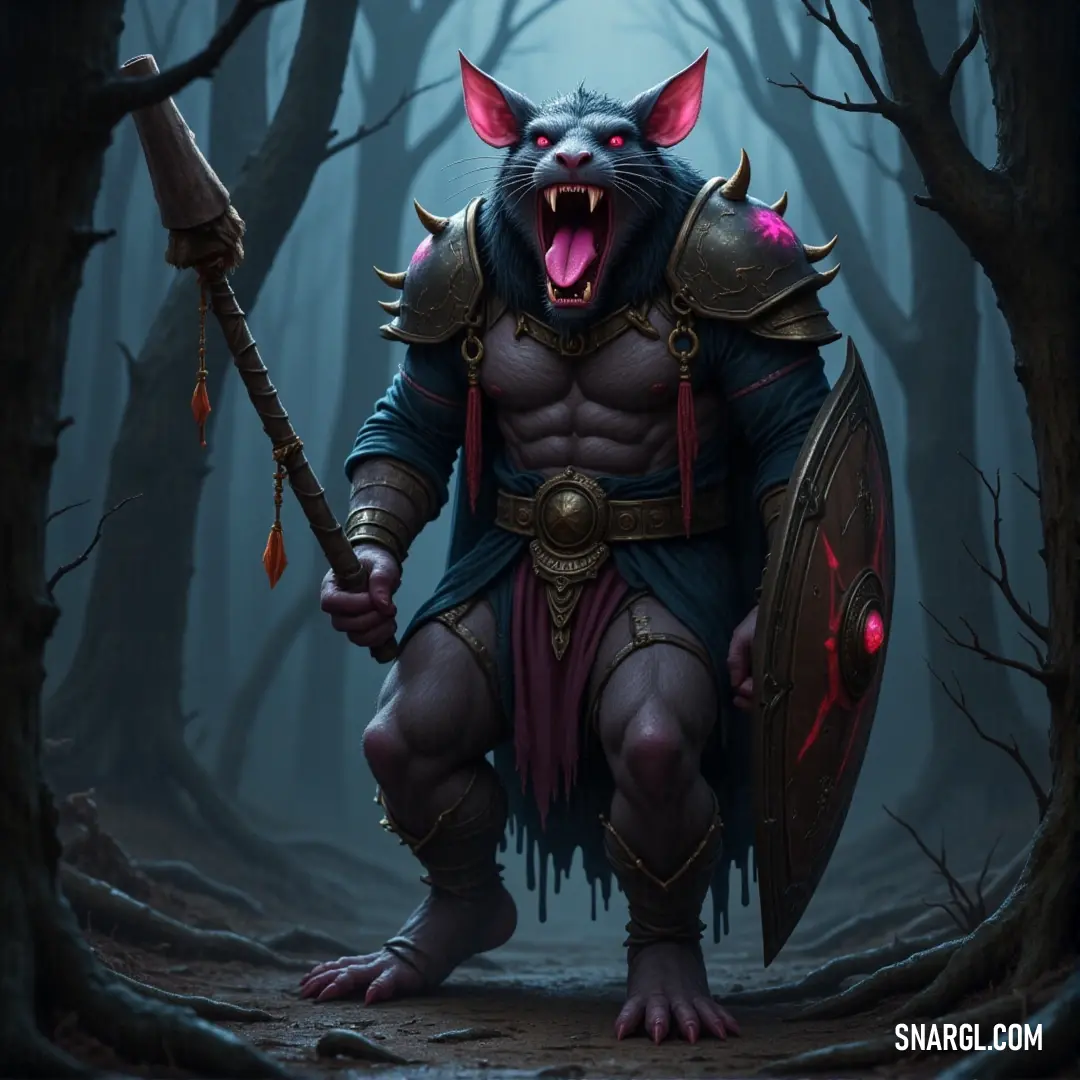 A Screaming Bell Warlord, sporting a horned headpiece, sword raised, stands in the wild, dark forest, poised for battle amidst ancient trees and dense foliage. In the heart of a dense forest, a Screaming Bell Warlord, wearing a horned headdress, holds a sword and prepares to strike in the midst of towering trees and twisting branches.