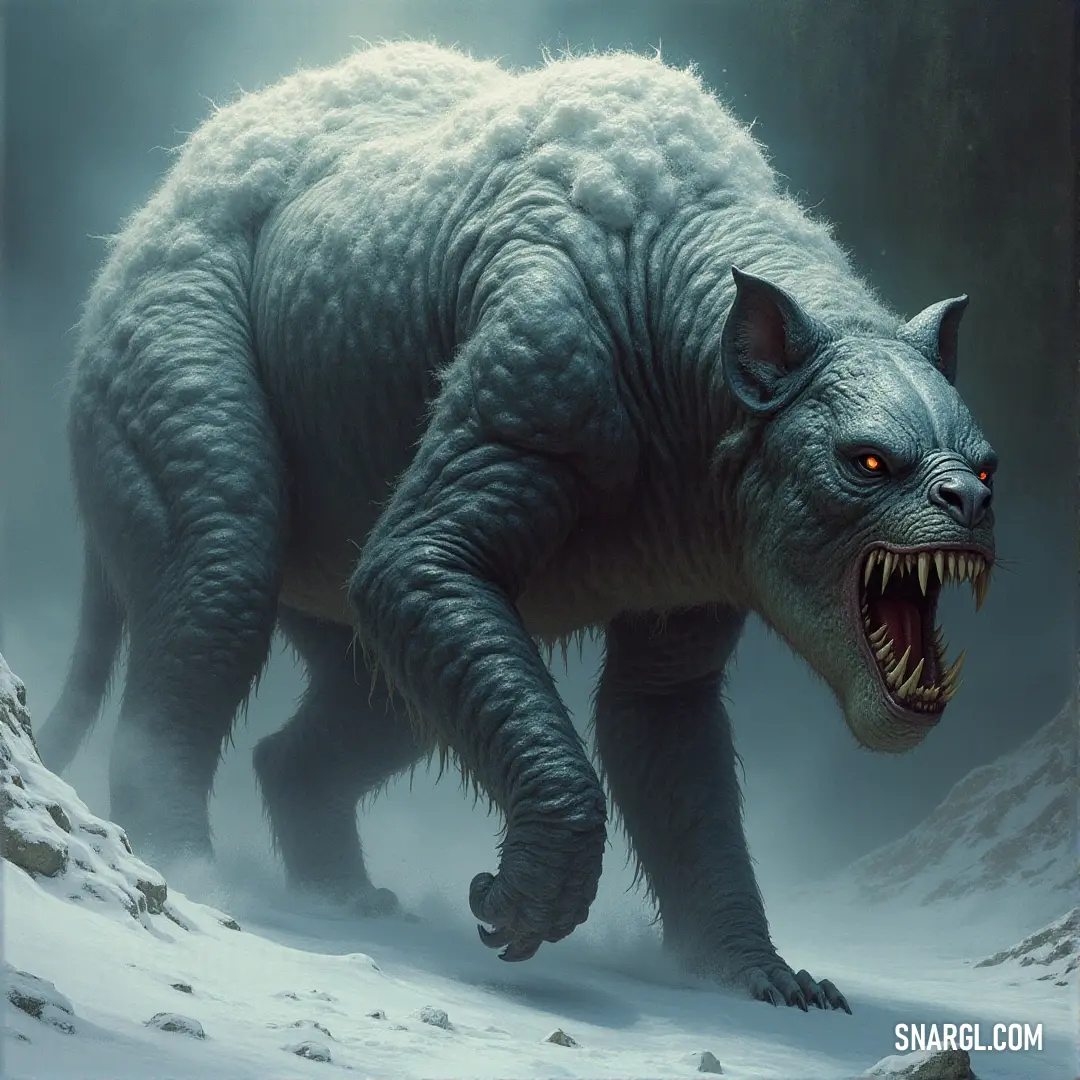 A large, menacing white Screecher with sharp teeth stands in the snow, its imposing figure set against a misty, mountainous backdrop that enhances its eerie presence. A massive white creature, the Screecher, with fearsome sharp teeth, stands frozen in the snow. Behind it, a snow-capped mountain looms under a foggy sky, adding to the chilling, haunting atmosphere that surrounds the beast.