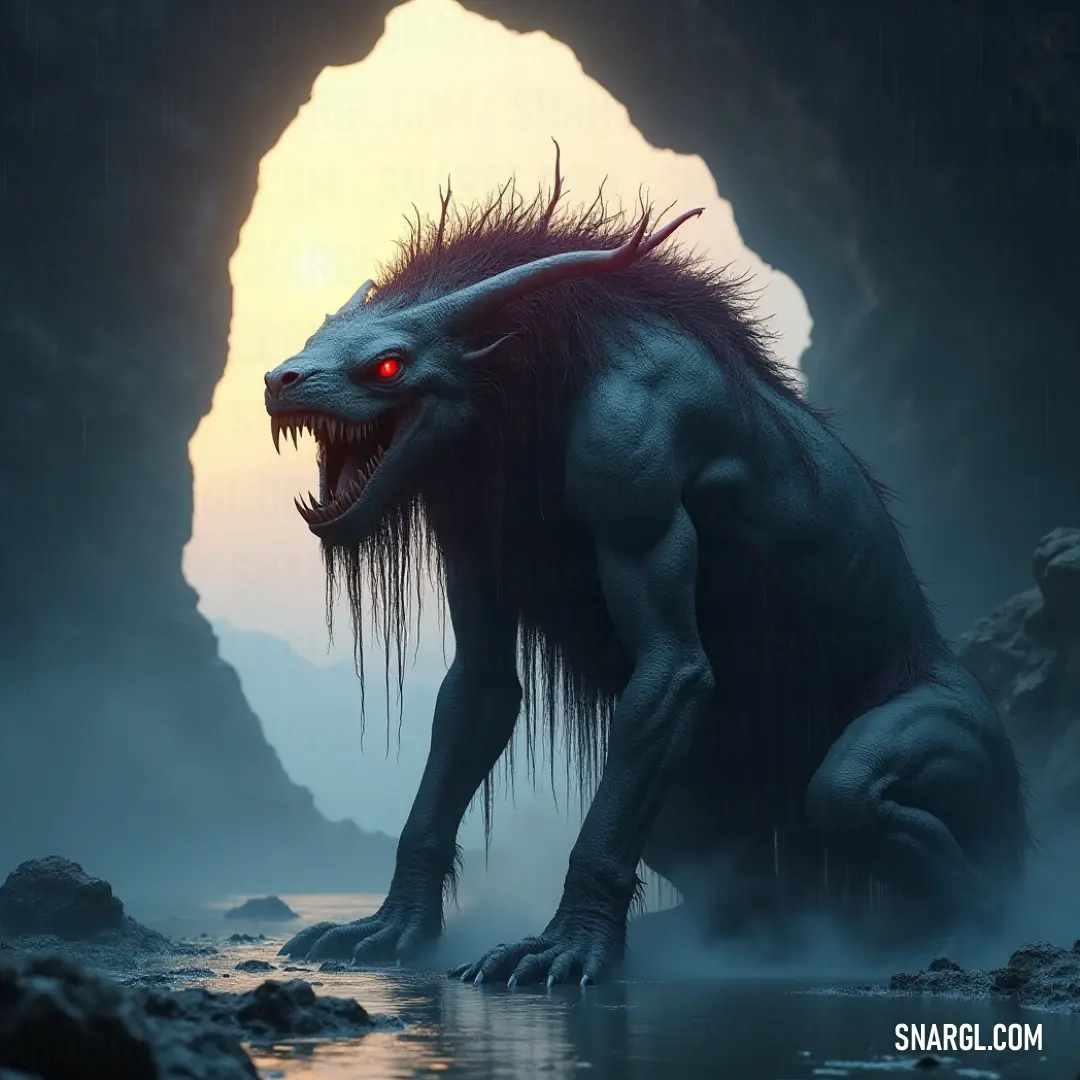 Mysterious Screecher with vibrant red eyes poised in a cavern filled with reflections and raw nature. A striking Screecher with piercing red eyes and wild, flowing hair stands boldly amidst a shadowy cave, the glistening water and jagged rocks adding to the awe of this otherworldly encounter.