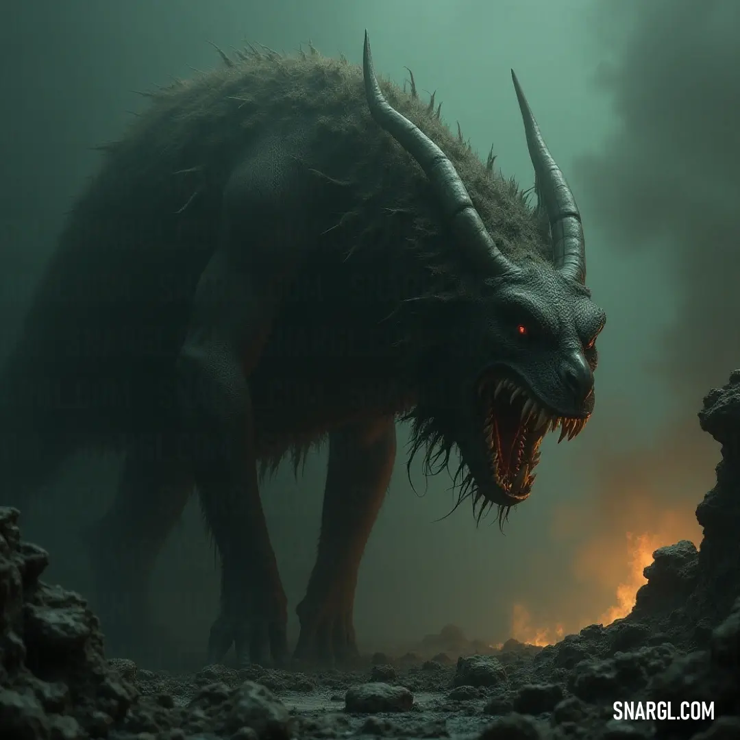 A fierce Screecher with large horns and sharp teeth stands tall in a rugged rocky area, a bright light illuminating its terrifying form against the harsh backdrop of the wild terrain. A towering Screecher with menacing horns and sharp teeth stands in a rocky terrain. The intense glow of a bright light from behind creates an intimidating silhouette, adding mystery and dread to the harsh landscape.