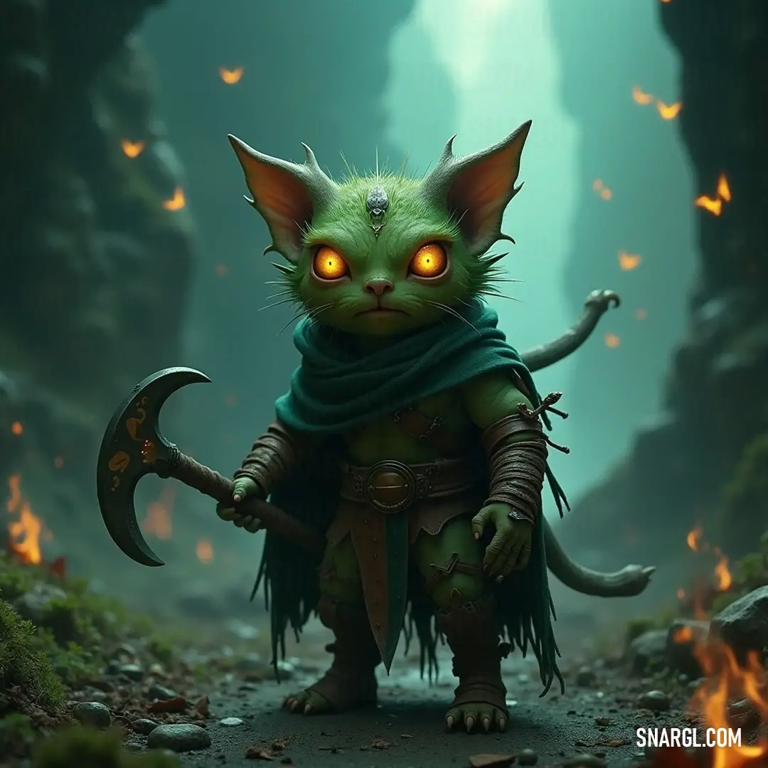 A formidable green scrim with glowing eyes wielding a hammer, encompassed by a magical forest filled with butterflies and the soft glow of firelight. A majestic green creature with glowing eyes clutches a mighty hammer, surrounded by a vibrant forest alive with fluttering butterflies and the warmth of a distant firelight.