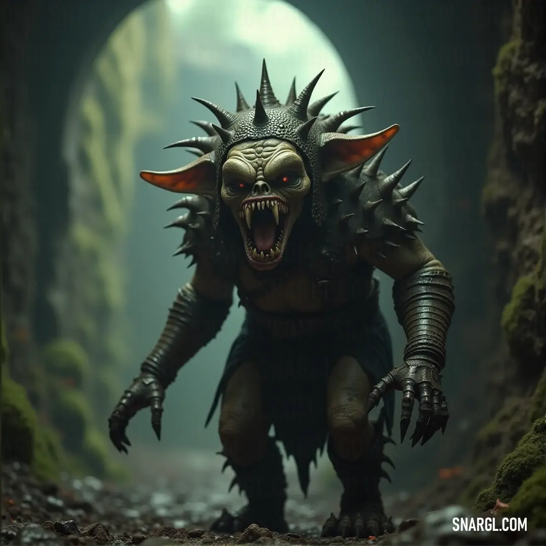 Scuzz, with spiked hair and a demon-like face, walks through a dark, eerie tunnel in the woods, adding an element of mystery and danger to his journey.