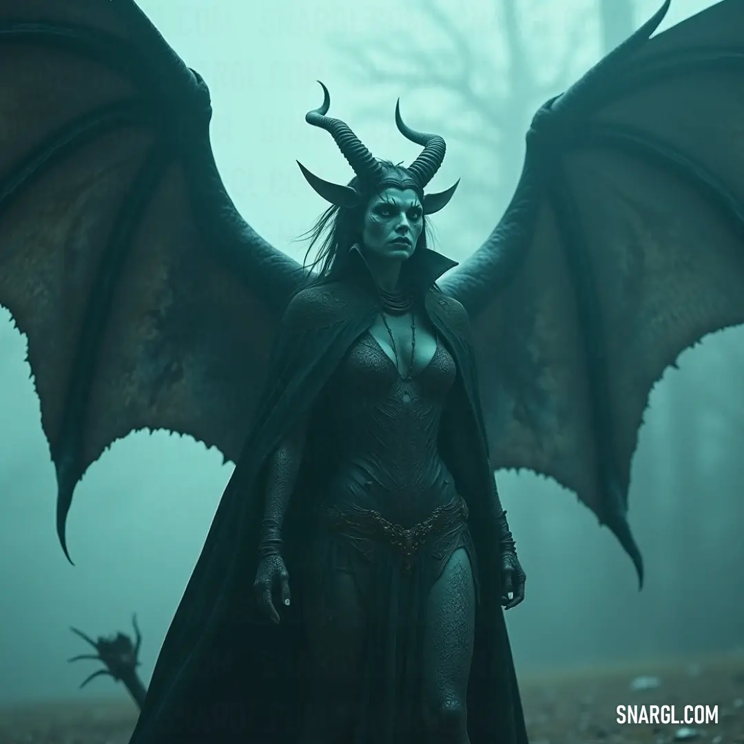 Scylla dressed in a demon-like costume, with horns, wings, and a flowing black cape, exuding an air of mystery and strength. Scylla, adorned in a dark cape with horns and wings sprouting from her head, exudes power and mystery as she stands in her demonic form.