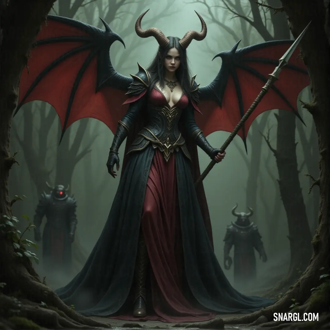 Scylla, in a red dress with horns, holds a sword in a forest, standing with determination among others. Scylla, with horns and a fiery red dress, holds a sword, standing in a forest with other figures in the background. Her confident posture and intense gaze make her a force to be reckoned with amidst the mysterious woodland.