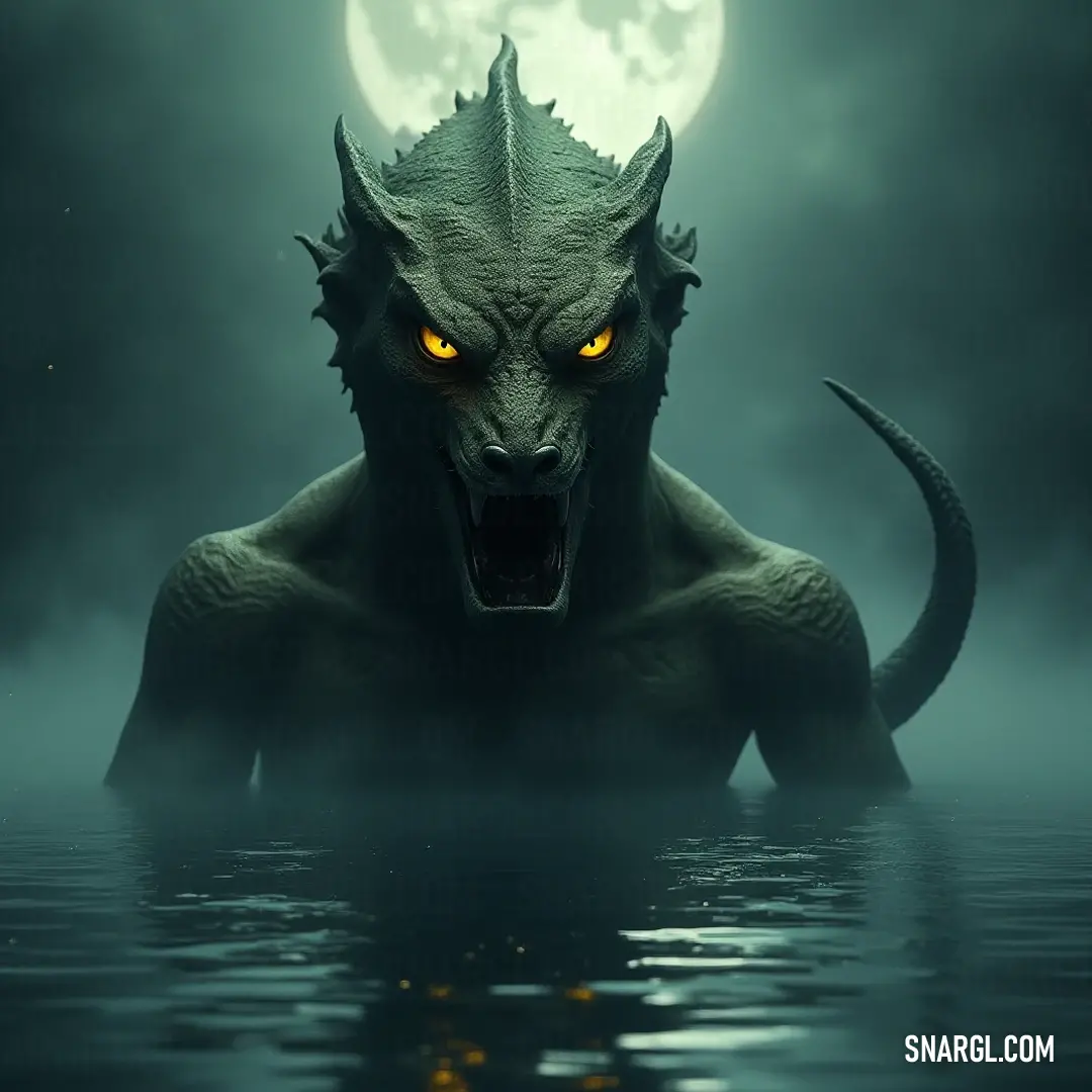 Scylla with luminous yellow eyes, emerging from the water's depths, portrayed against a glowing full moon, a figure that blurs the line between beauty and terror in a mythical fable. Scylla, with piercing yellow eyes, half-submerged in mesmerizing waters, is framed by a radiant full moon, her silhouette haunting yet alluring, capturing the duality of beauty and danger lurking beneath the tidal waves.