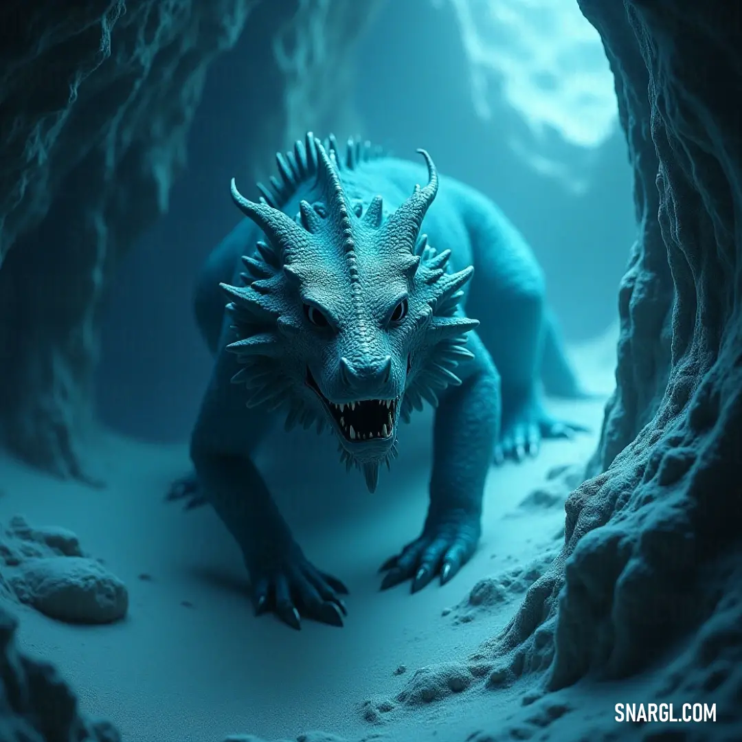 A terrifying blue Scylla with an open mouth and sharp teeth stands in the shadows of a cave. Its glowing eyes enhance its otherworldly and fearsome aura. A striking blue Scylla stands inside a dimly lit cave, its mouth wide open, revealing sharp teeth. The creature's eerie form and glowing eyes seem to cast an intimidating presence over the dark, shadowy surroundings.