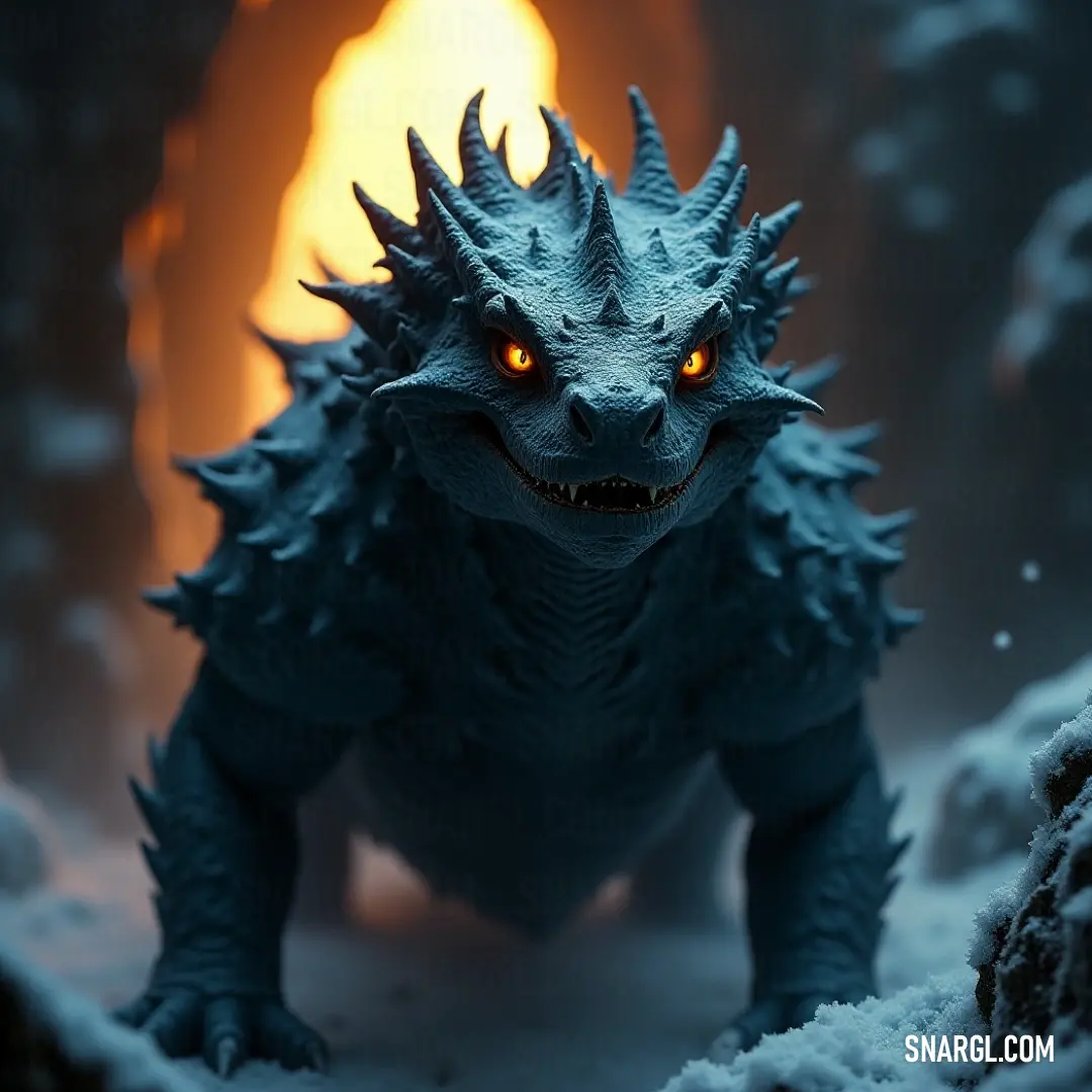 A detailed close-up of a toy Godzilla in a snowy landscape, its form outlined by a powerful light that casts dramatic shadows, adding to its intense, menacing appearance. A close-up of a toy Godzilla, surrounded by snow and bathed in a bright light. The figure stands strong and defiant, the intense light creating dramatic shadows that highlight its fierce expression.
