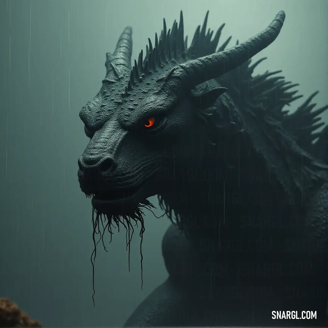 Scylla, with her menacing red eyes and long, curling horns, stands tall in the pouring rain, her gaze cutting through the heavy downpour in a dramatic display of power. A terrifying image of Scylla, a mythical creature with glowing red eyes and enormous, twisting horns, emerging from the rain-soaked darkness. Its fierce gaze pierces through the storm.