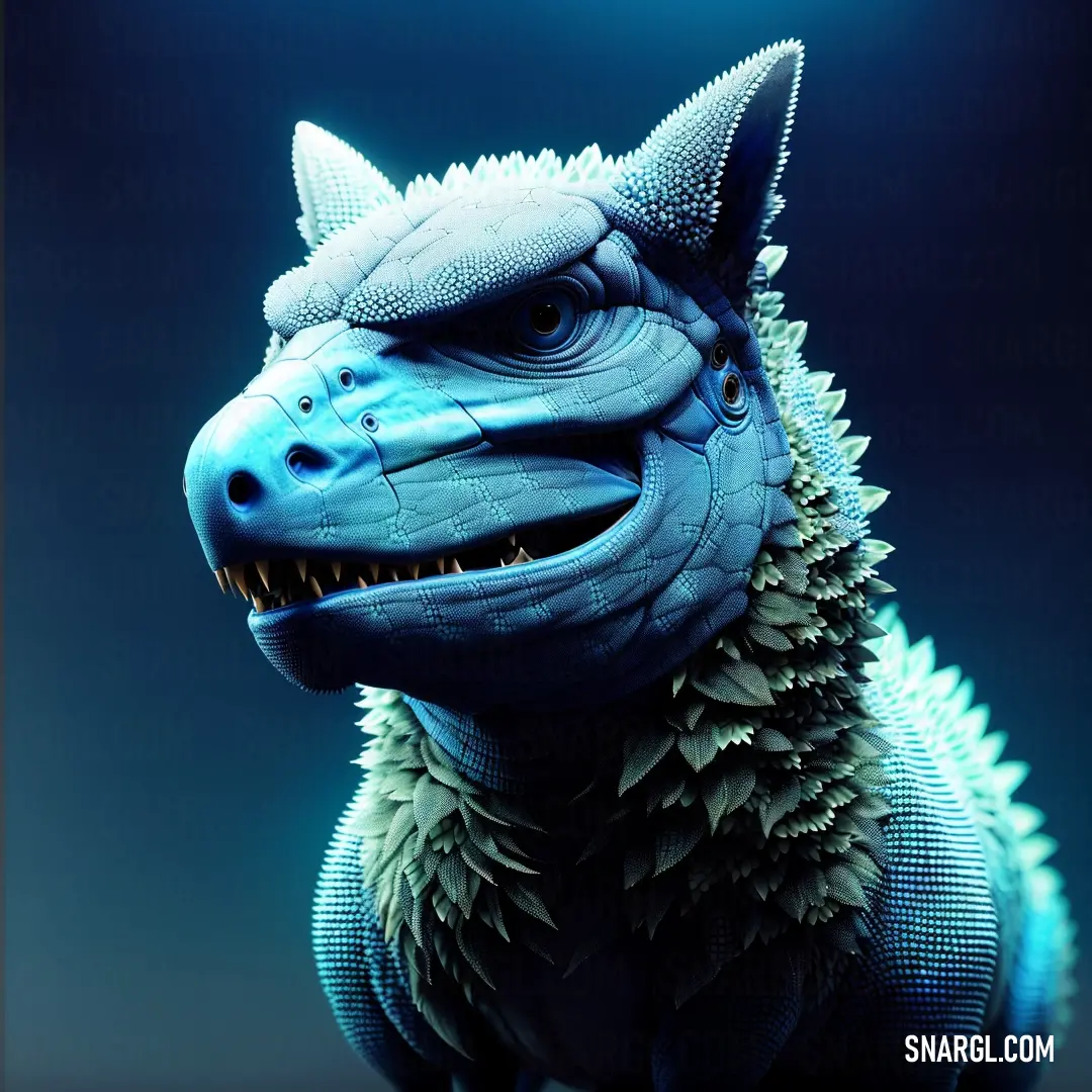 Blue and white dinosaur with a big smile on its face and teeth