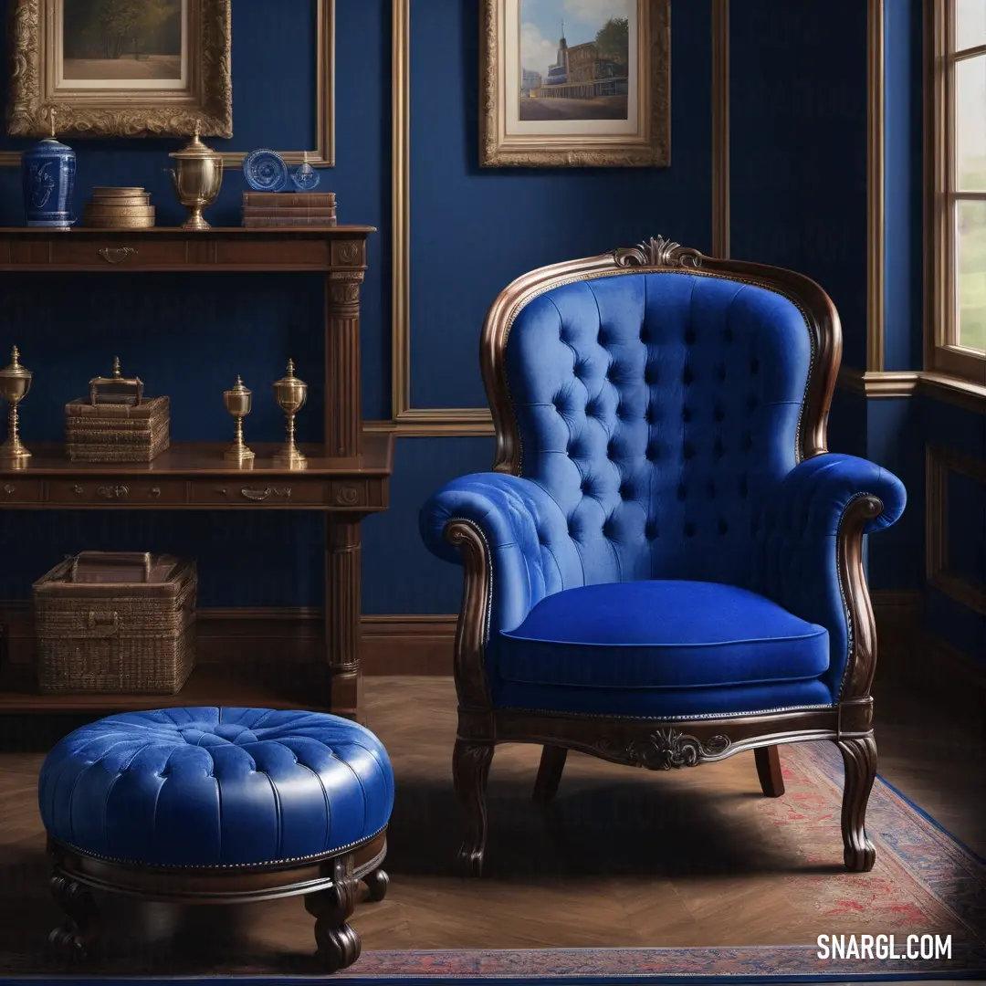 Blue chair and ottoman in a room with blue walls and a painting on the wall behind it. Color #006994.