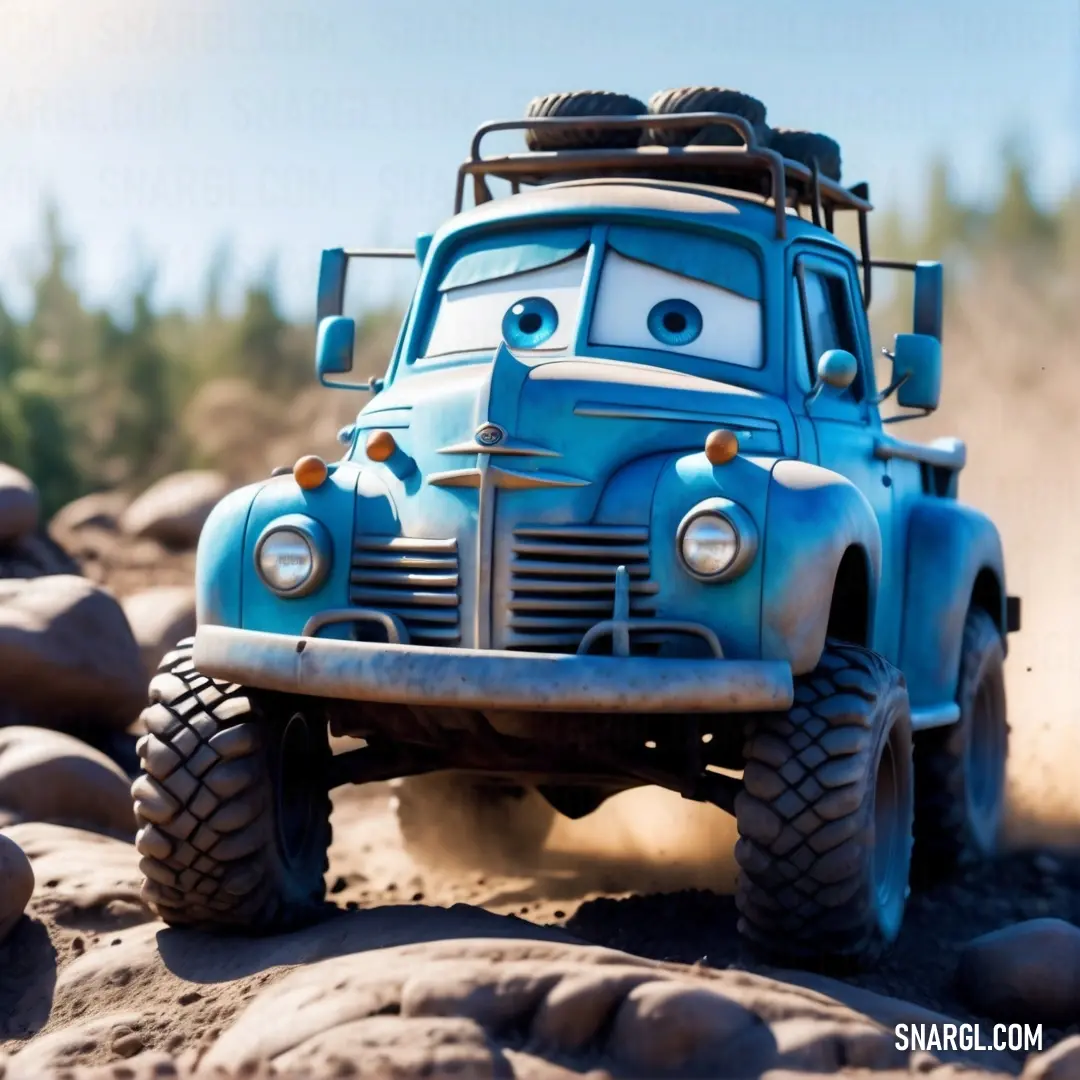 Blue truck with a face on it driving down a dirt road with rocks and trees in the background. Color CMYK 100,29,0,42.