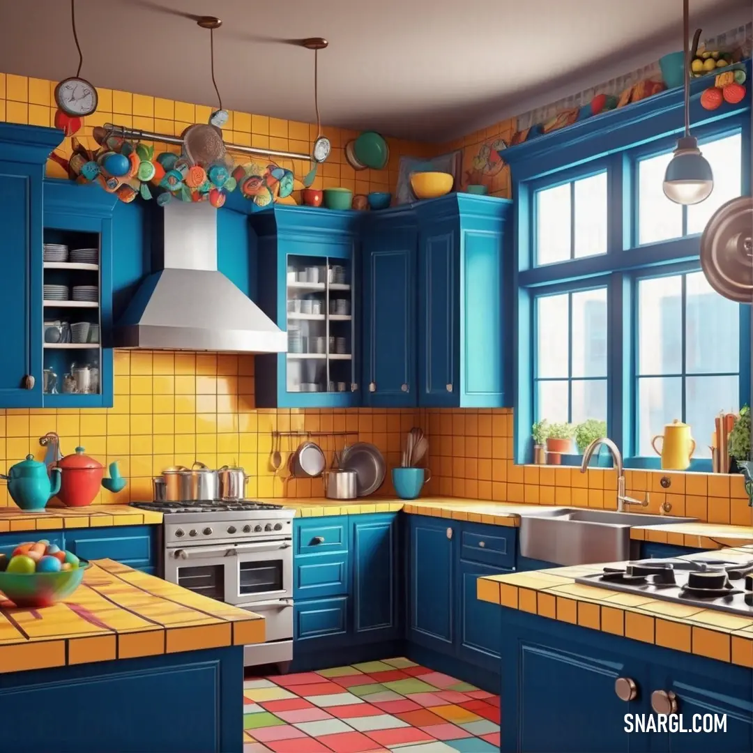 Kitchen with blue cabinets and yellow tile flooring and a stove top oven and sink with a dishwasher