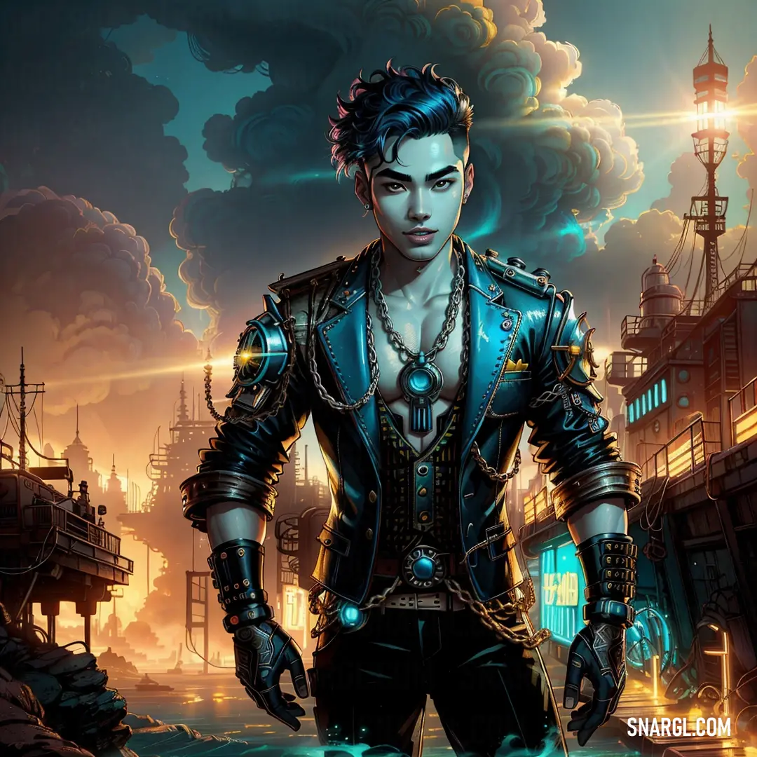 Man in a steam punk outfit standing in front of a cityscape with a steampunky sky