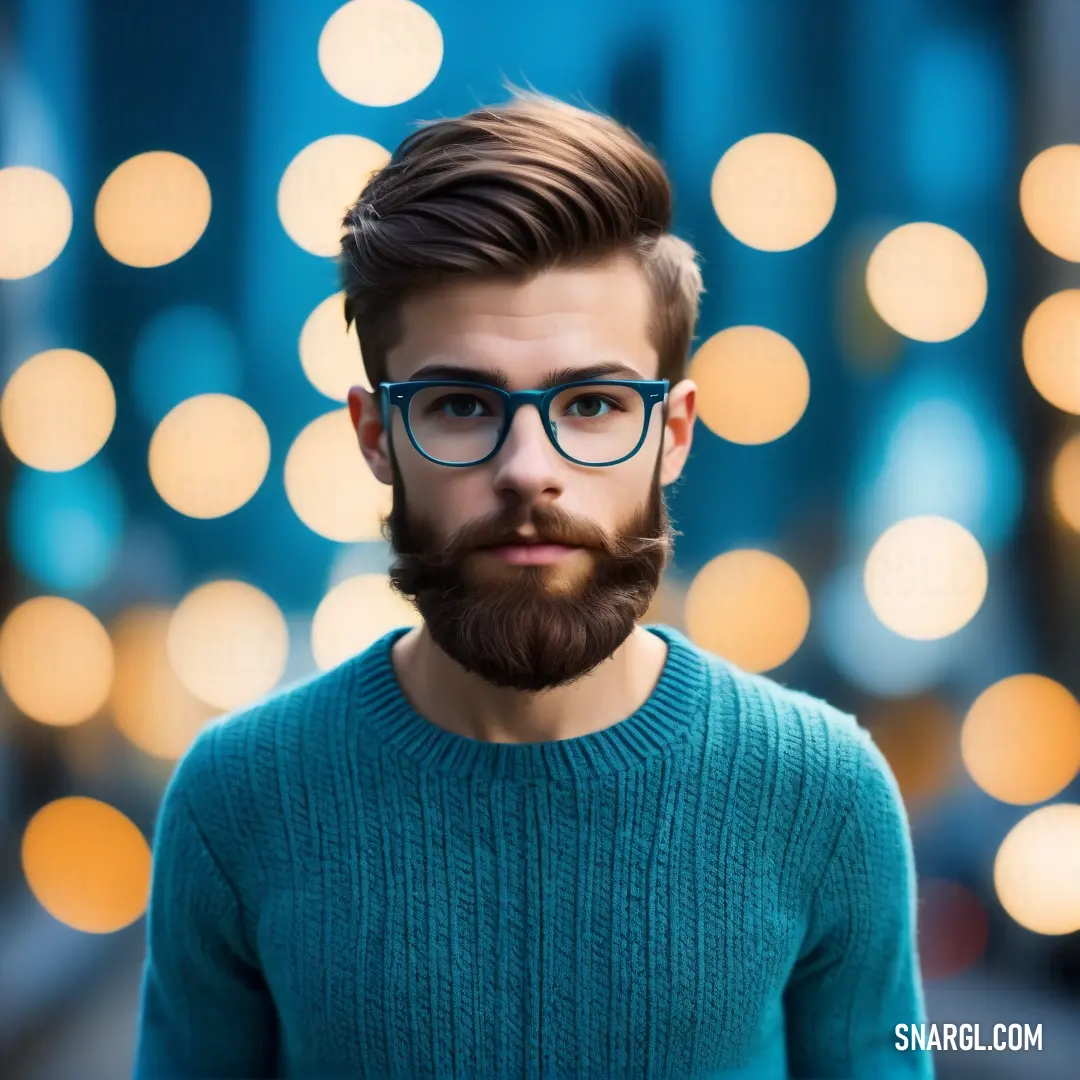Man with a beard and glasses standing in front of a christmas light display with a blue sweater and a beard. Example of #006994 color.