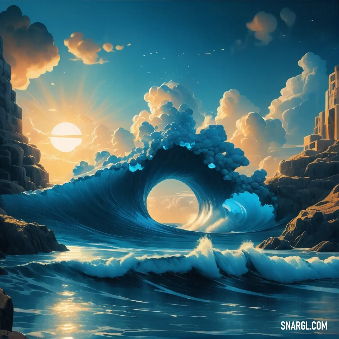 Painting of a wave crashing into a rocky shore with a castle in the background at sunset or sunrise. Example of RGB 0,105,148 color.