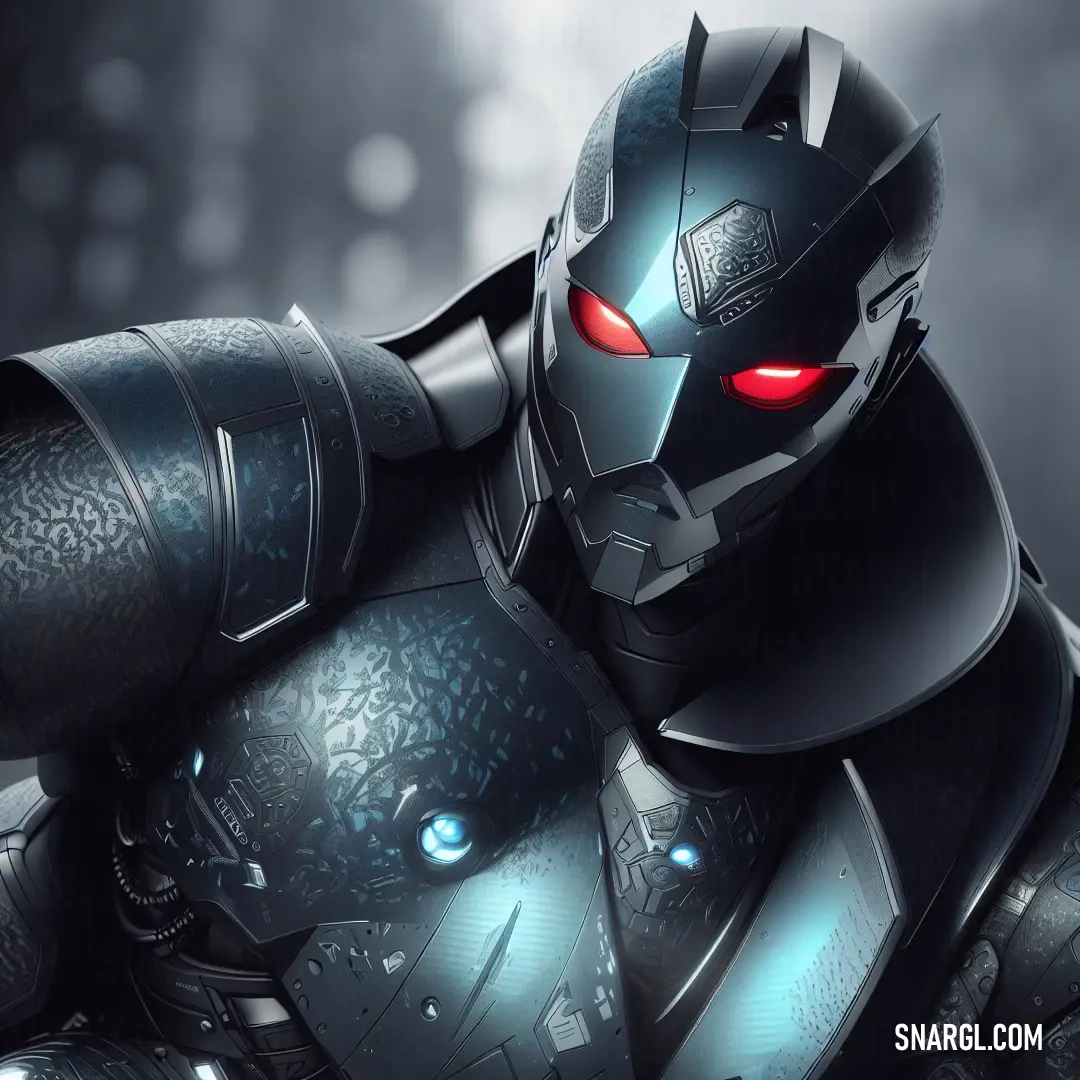 Robot with red eyes and a black suit with a red light on his face and chest