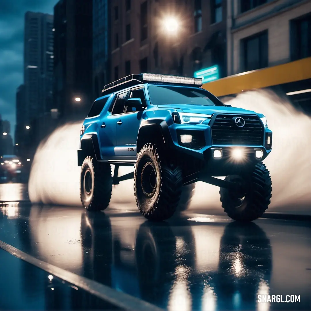 Blue truck driving down a street at night with a lot of lights on it's roof and a building in the background. Color RGB 0,105,148.