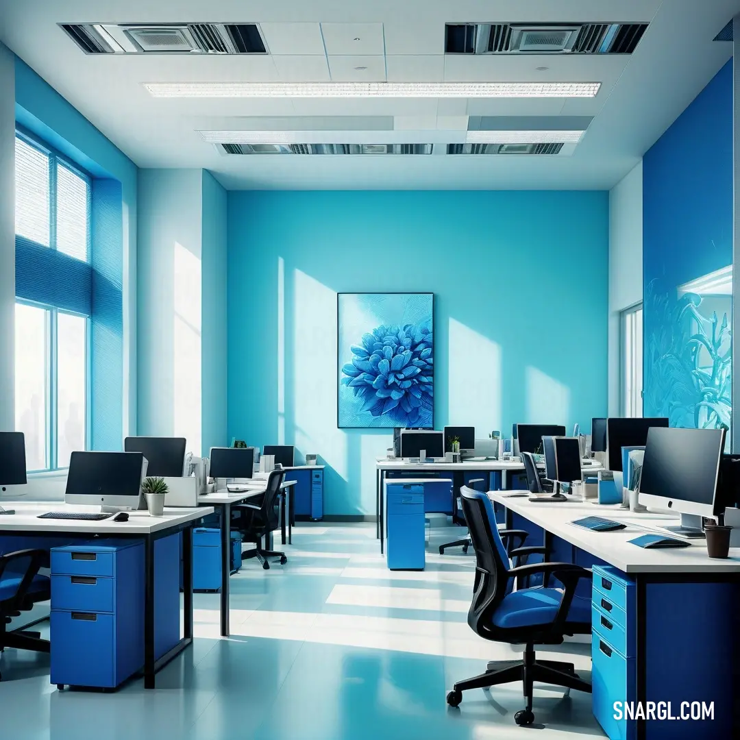 Room with blue walls and a blue chair and desks and a blue painting on the wall. Example of Sea blue color.