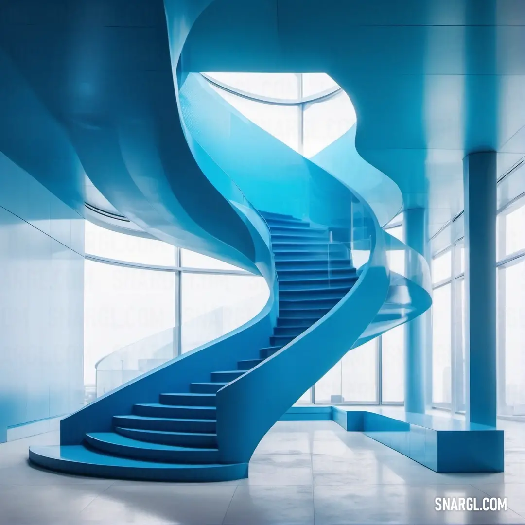 Very long blue staircase in a building with a big window behind it and a skylight above it. Color RGB 0,105,148.