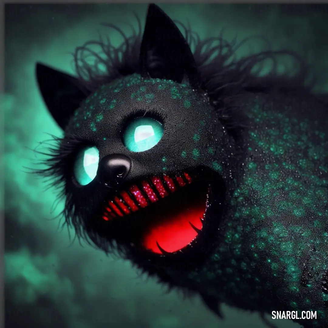 Black cat with glowing eyes and a red mouth with a green background with clouds and stars in the sky