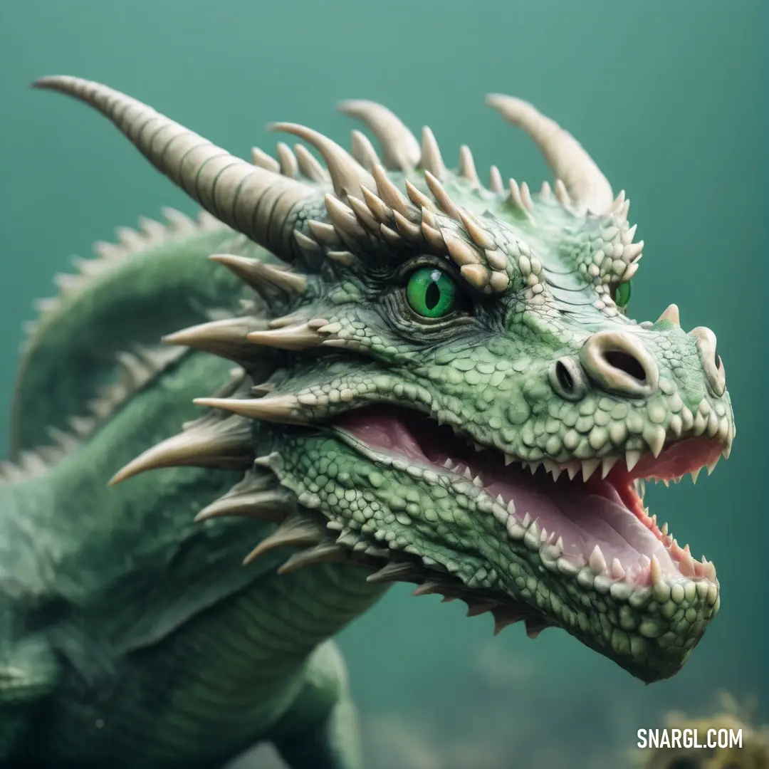 Close up of a green dragon with its mouth open and its tongue out and its teeth out