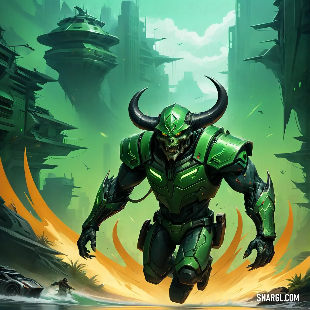 Green and black robot with horns and horns on his head