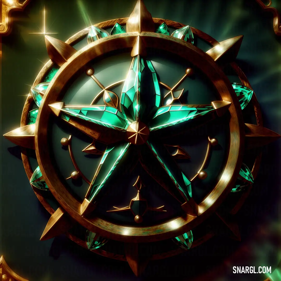 Green and gold compass with a green background