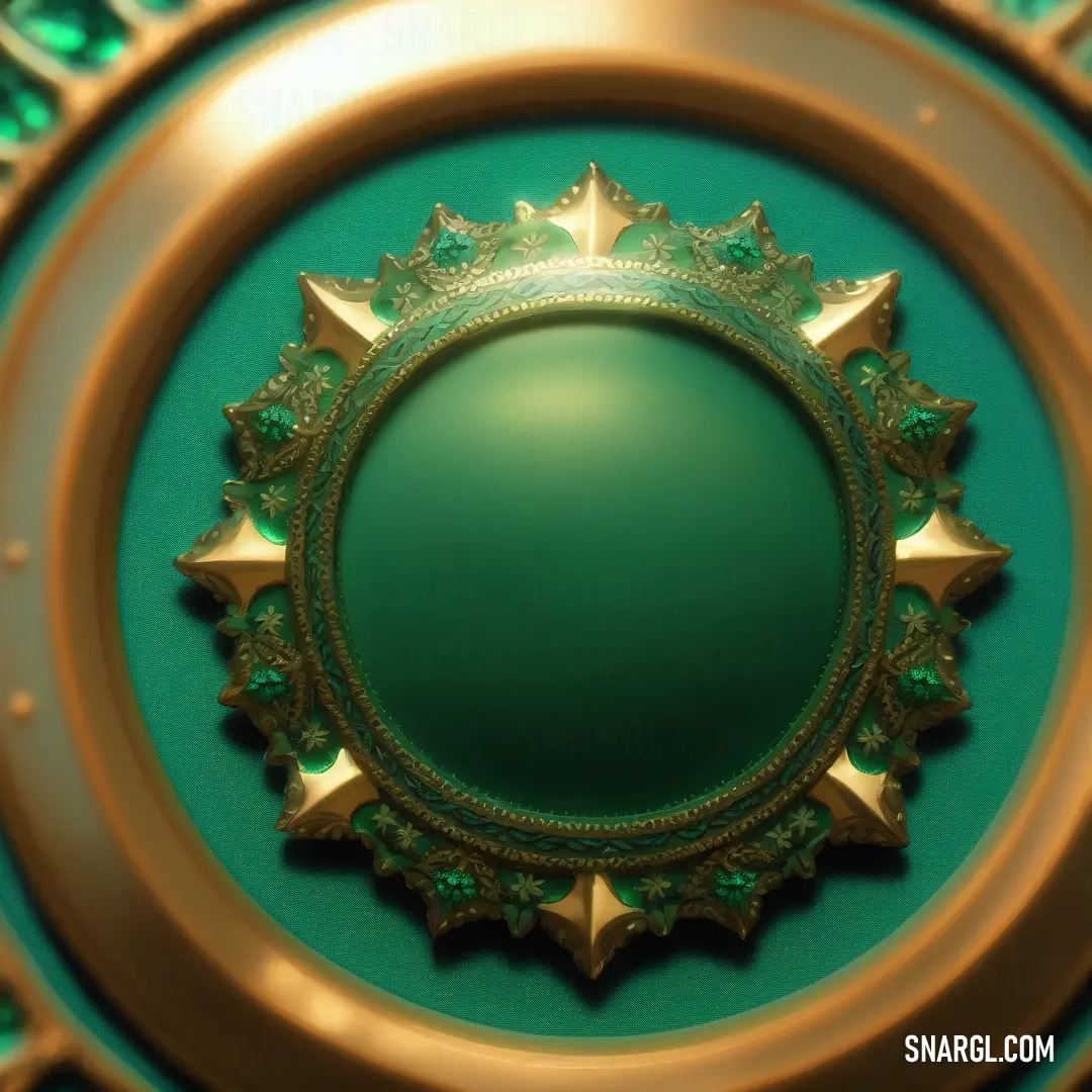 Green circular mirror with gold trim around it and a crown motif around the edge of the mirror