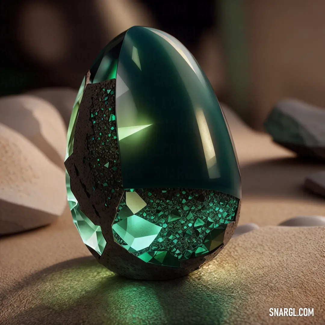 Green crystal egg on top of a table next to a remote control