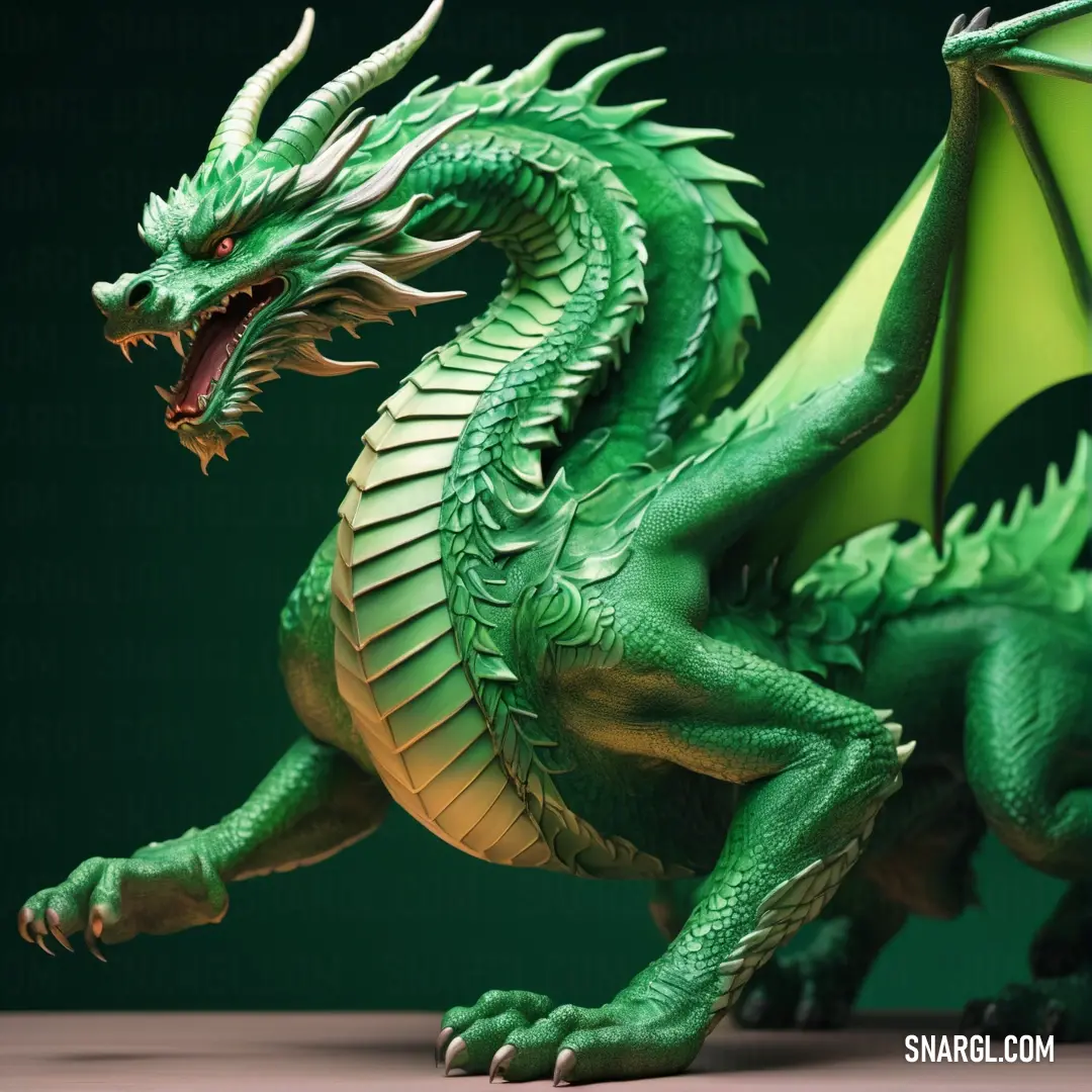 Green dragon statue with a green background. Example of Sea green color.